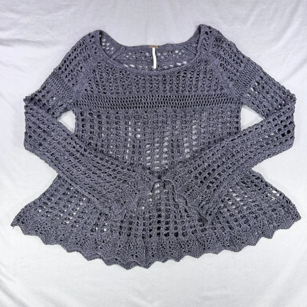 Free People Womens XS Gray Ramie Cotton Open Knit Crochet Bell Sleeve Top
